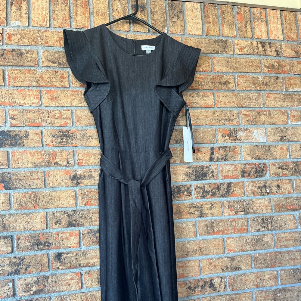 Calvin Klein Women's Size  8 Sleeveless Belted Jumpsuit with Ruffle Armhole